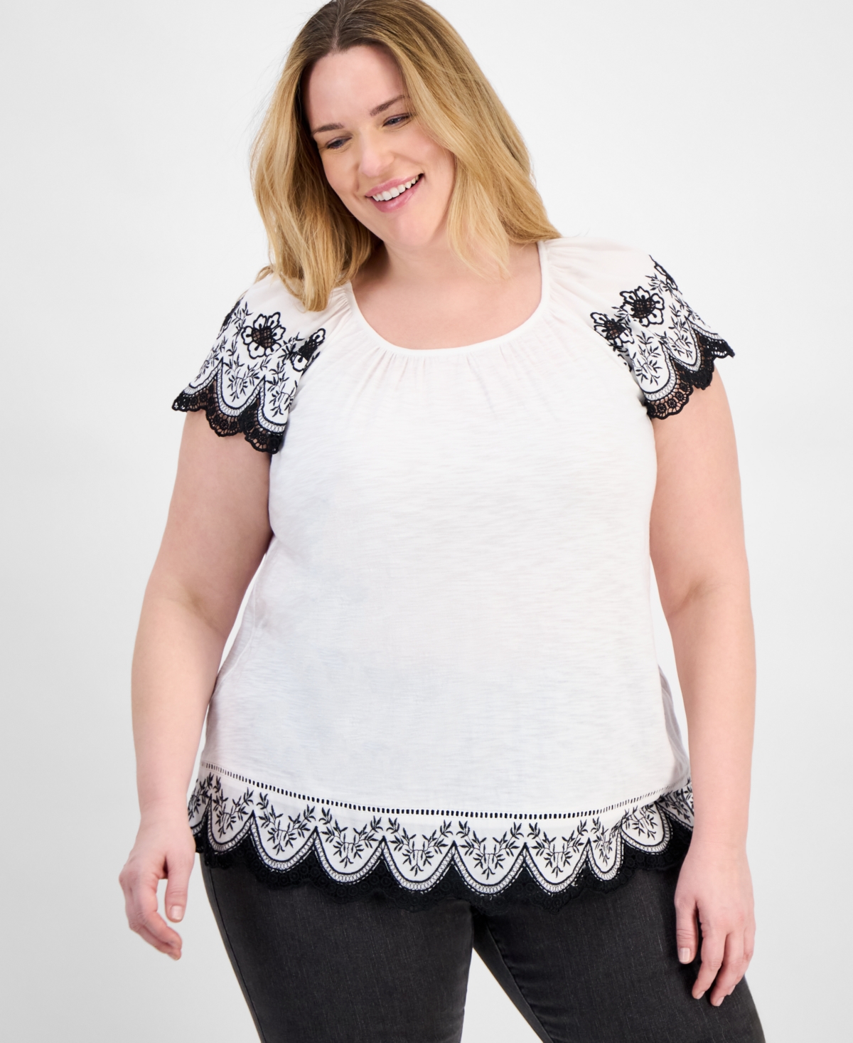 Style & Co Plus Size Scalloped-hem Flutter-sleeve Top, Exclusively At Macy's In Flutter White