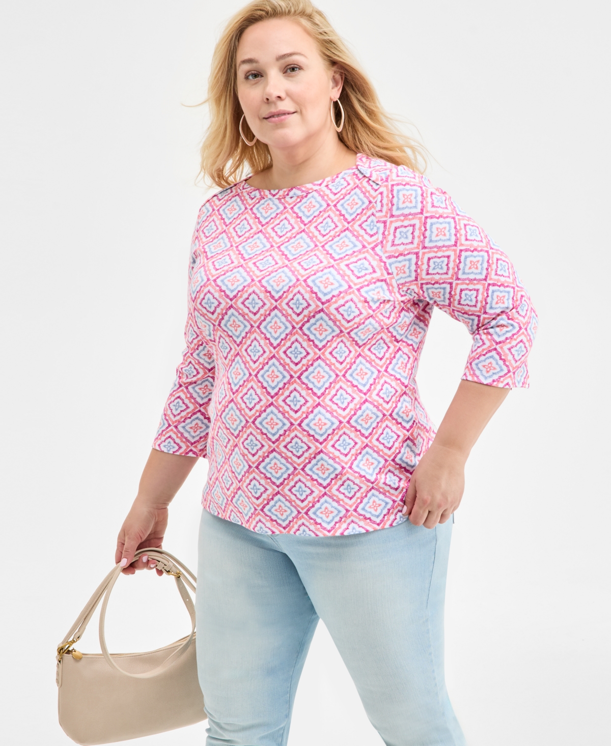 Shop Style & Co Plus Size Printed 3/4-sleeve Knit Top, Exclusively At Macy's In Simple Rose