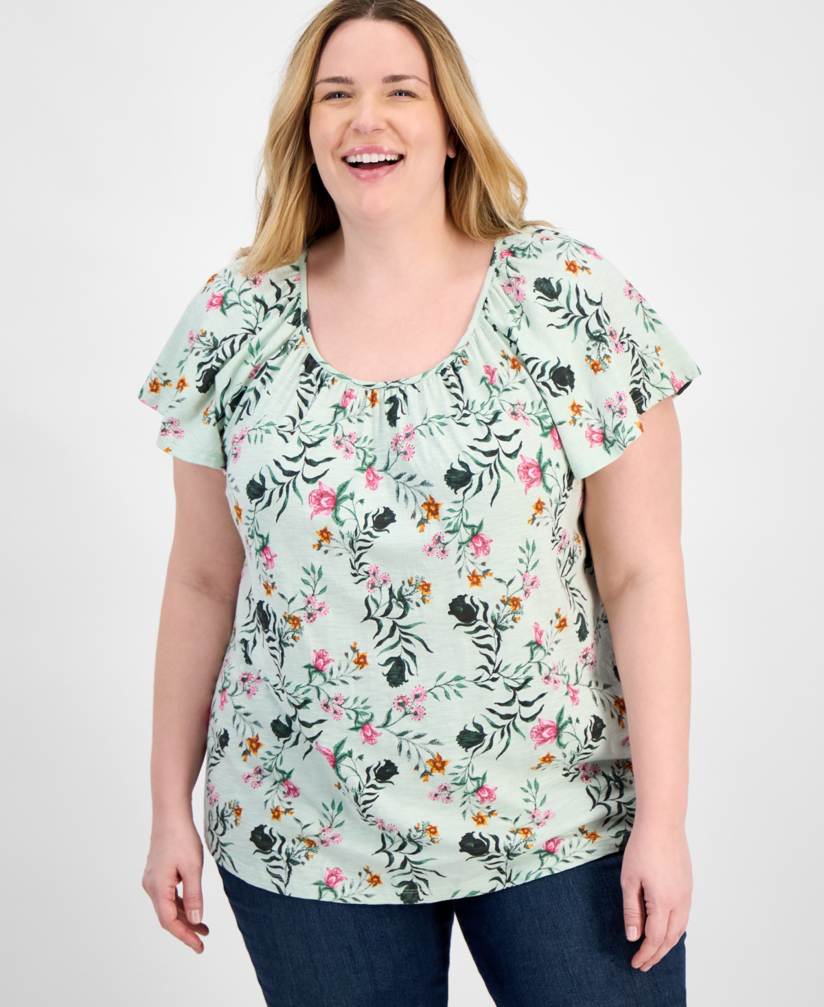 Style & Co Plus Size Printed Flutter-sleeve Top, Exclusively At Macy's In Floating Mint