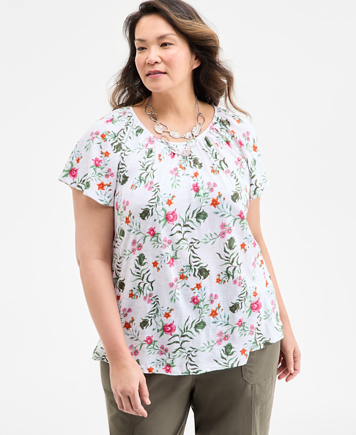 Style & Co Petite Floating Fauna Flutter-sleeve Knit Top, Exclusively At Macy's In Floating White