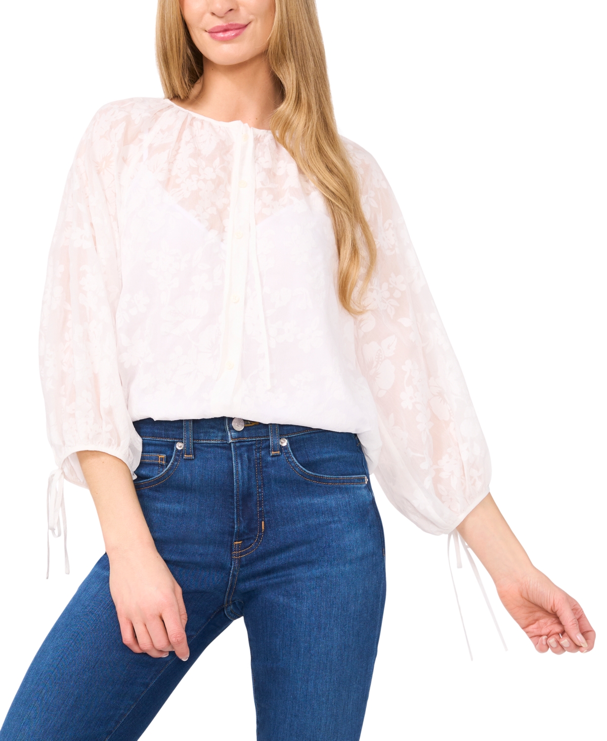 Cece Floral Lace Puff Sleeve Blouse In Ultra White