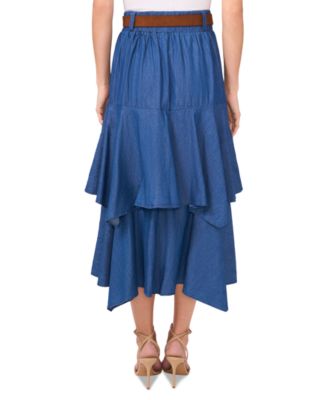 Women's Cotton Tiered Denim Midi Skirt