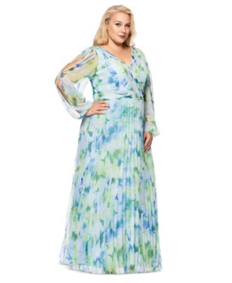 Betsy & Adam - Plus Size Floral Pleated Split-Sleeve Gown