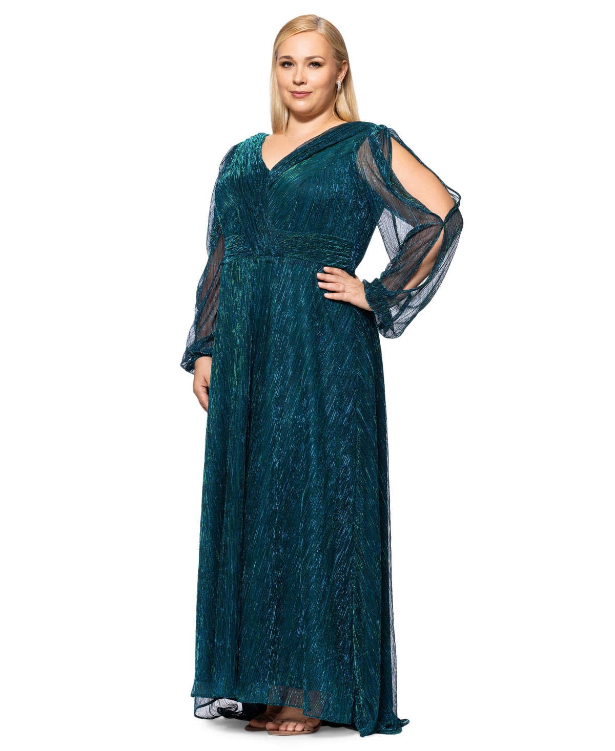 BETSY & ADAM PLUS SIZE METALLIC PLEATED SPLIT-SLEEVE GOWN 