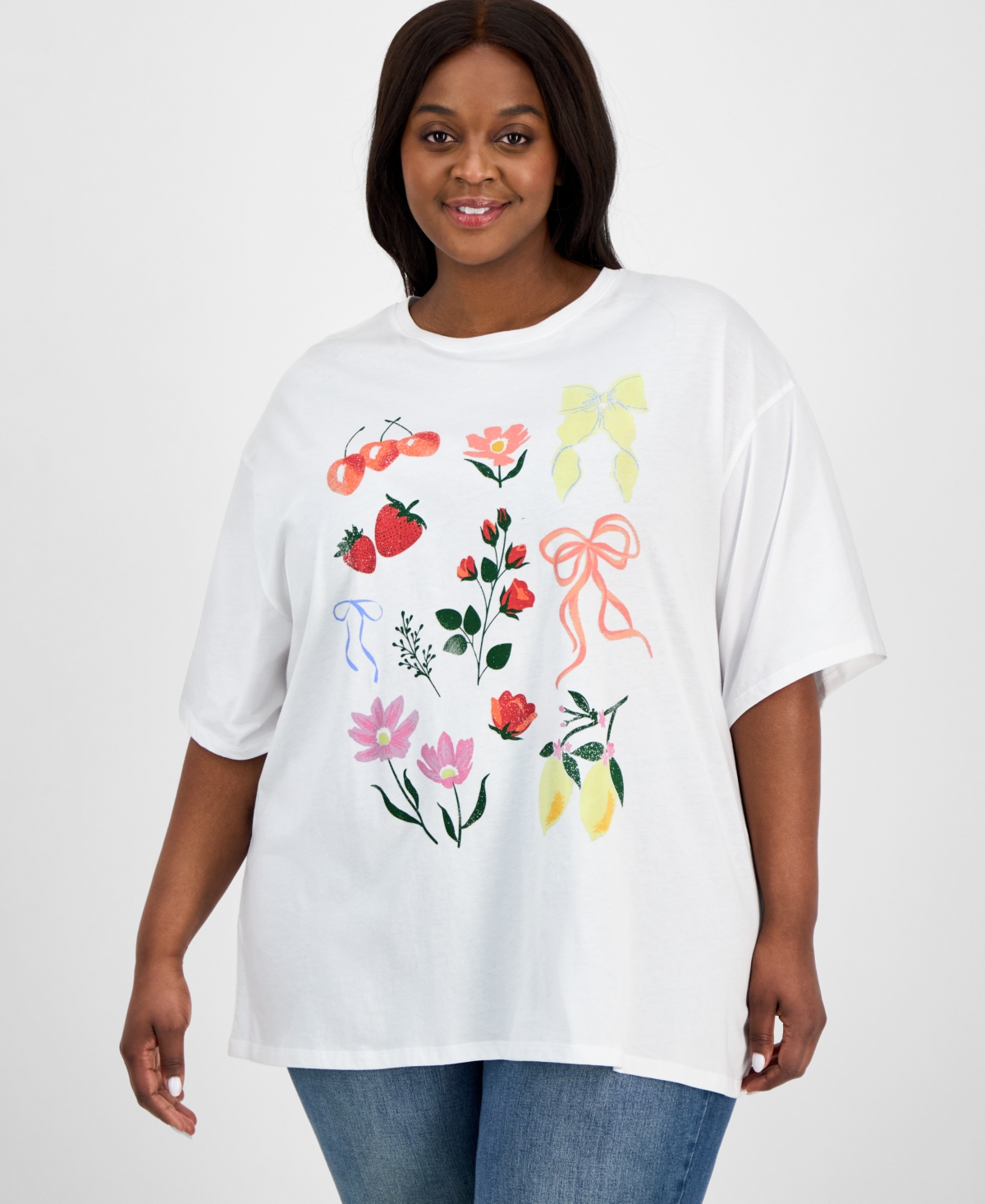 Trendy Plus Size Floral & Ribbon Graphic T-Shirt - White