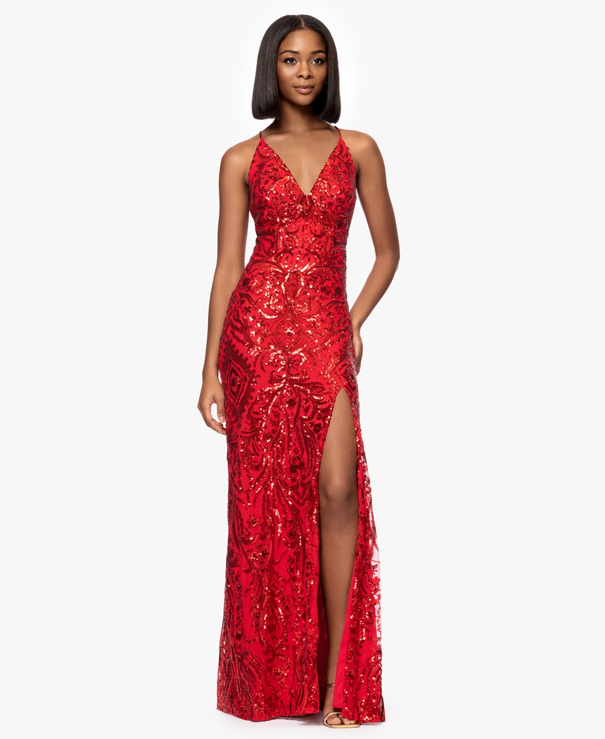 Juniors' Sequin V-Neck Side-Slit Gown - Red