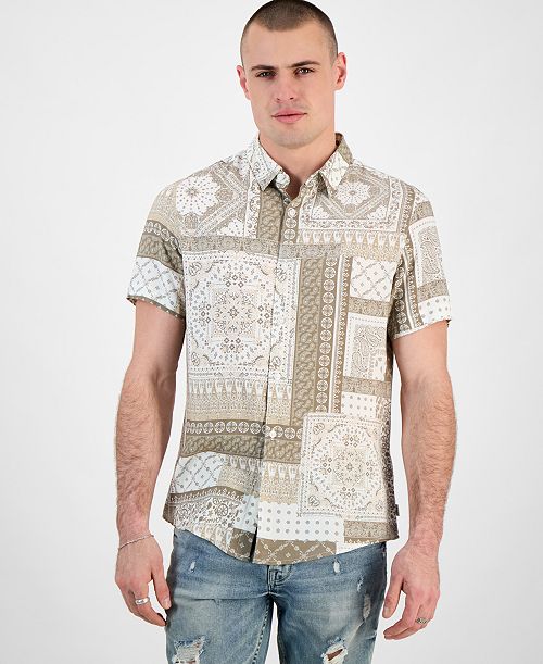 alfani GUESS Men's Regular-Fit Patchwork Tile-Print Button-Down Shirt Men's Fashion & Accessories