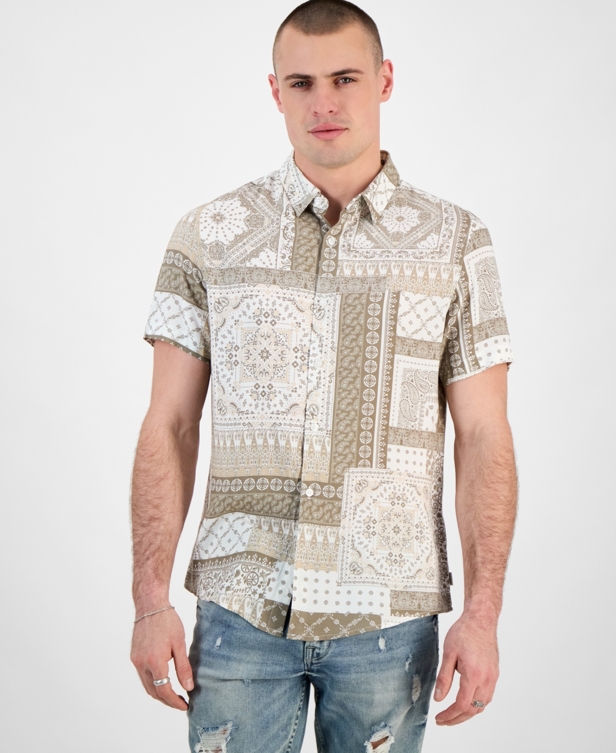 Men's Regular-Fit Patchwork Tile-Print Button-Down Shirt - Patchwork Tile Green