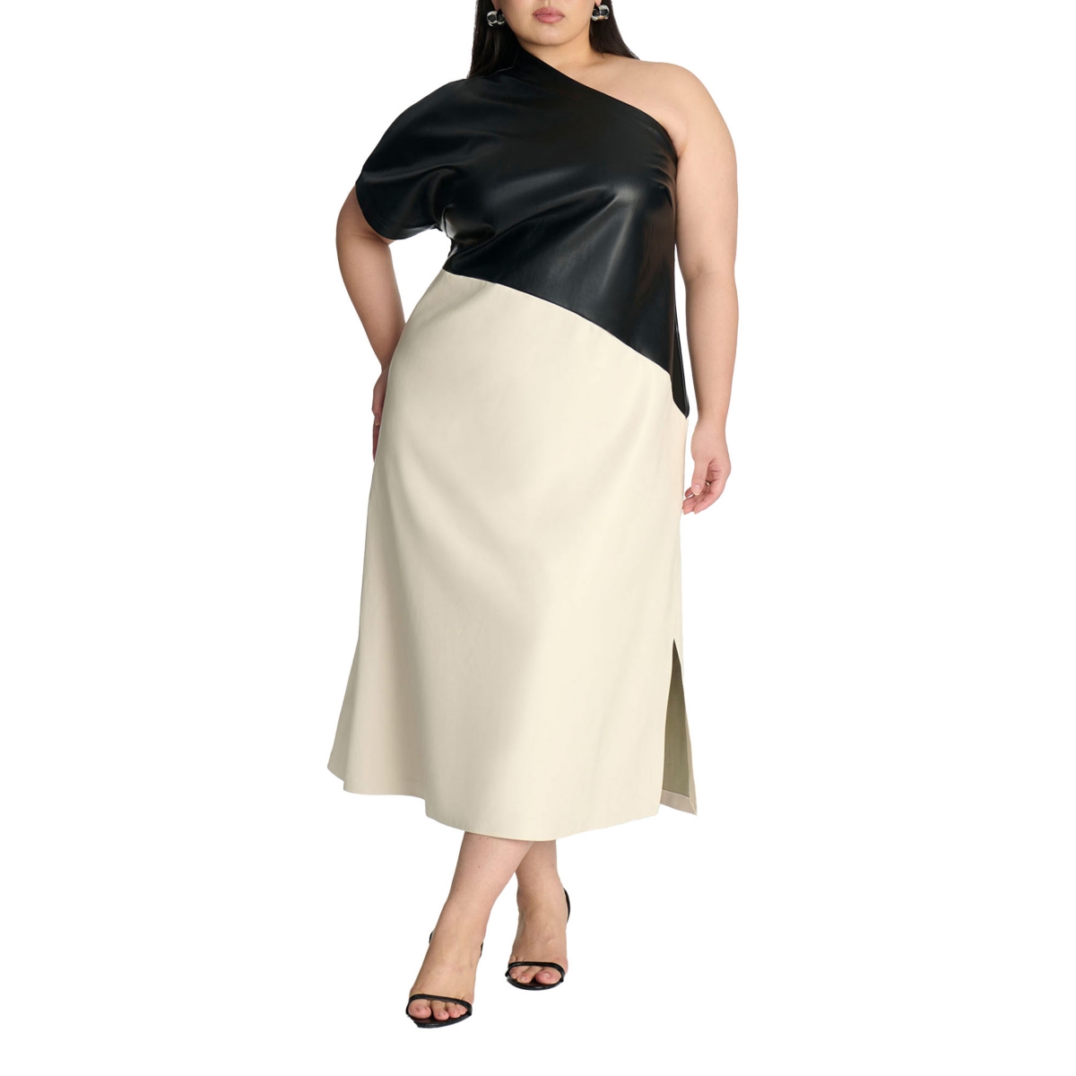 Plus Size One Shoulder Colorblock Faux Leather Dress - Black sugar swizzle