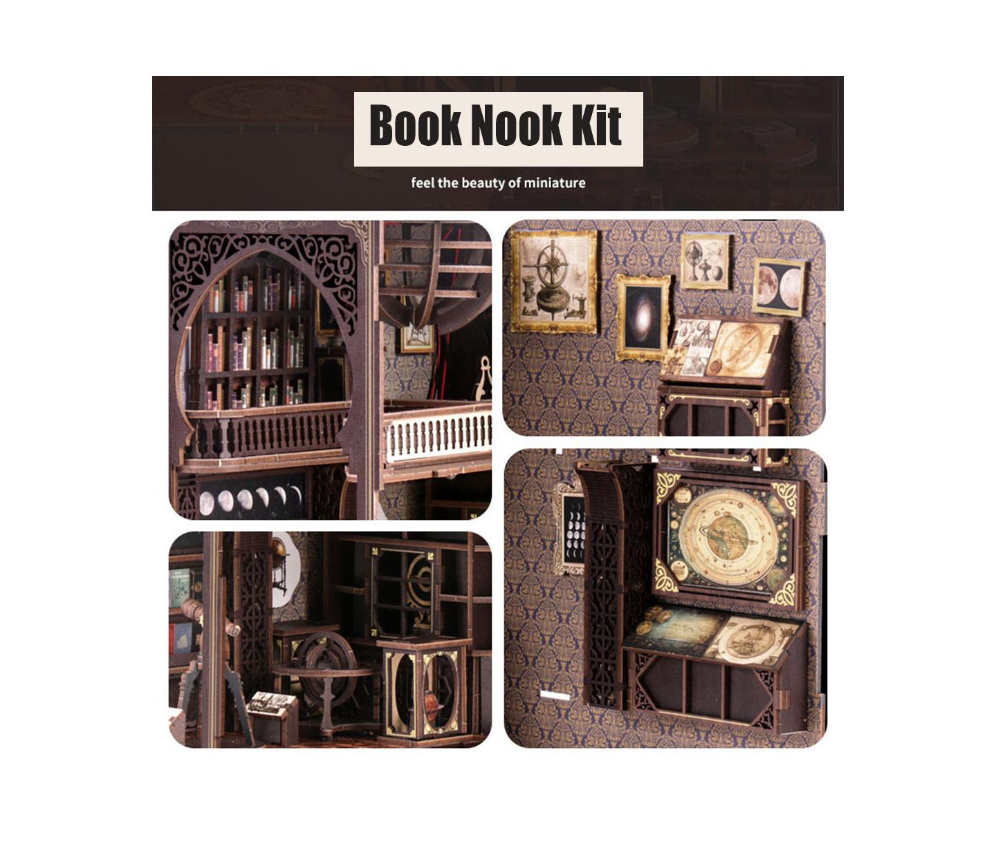 Детские конструкторы HANSILK Museum of Astronomy DIY Book Nook 3D Wooden Puzzle, Ages 14+, цвет: Коричневый — фото 2