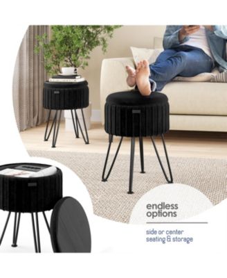Pleated Velvet Round Ottoman with Storage – Modern Foot Stool, Makeup Vanity Stool, Small Ottoman Foot Rest