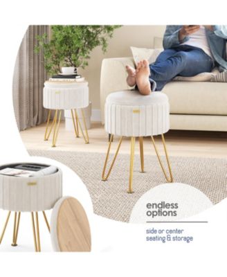 Pleated Velvet Round Ottoman with Storage – Modern Foot Stool, Makeup Vanity Stool, Small Ottoman Foot Rest