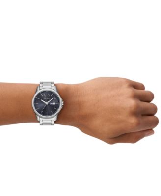 Men's Quartz Three-Hand Day-Date Silver Stainless-Steel Watch, 44mm