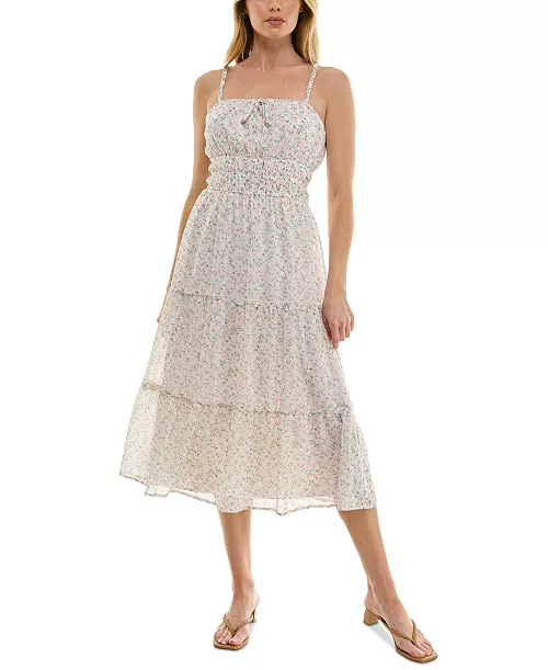 juniors' smocked floral chiffon tiered dress