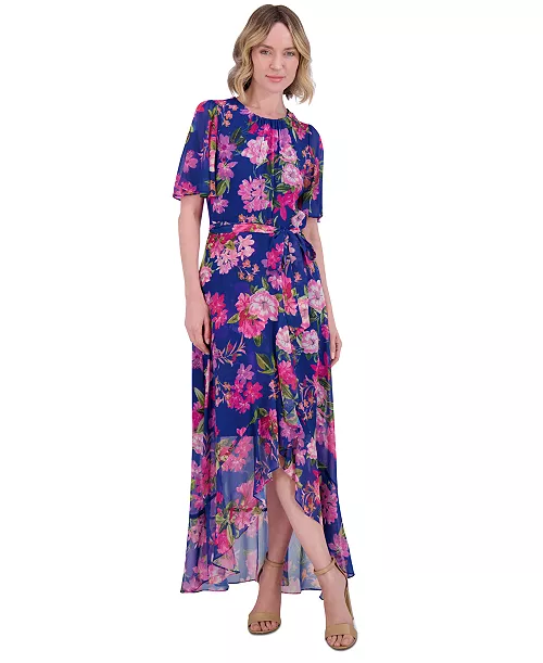 petite floral-print belted flutter-sleeve dress