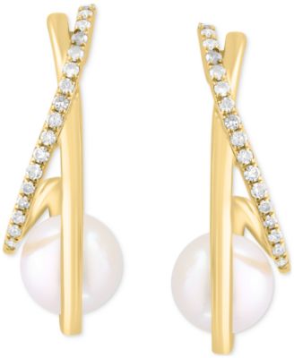 EFFY&reg; Cultured Freshwater Pearl (6-1/2mm) & Diamond (1/6 ct. t.w.) Half Hoop Earrings in 14k Gold