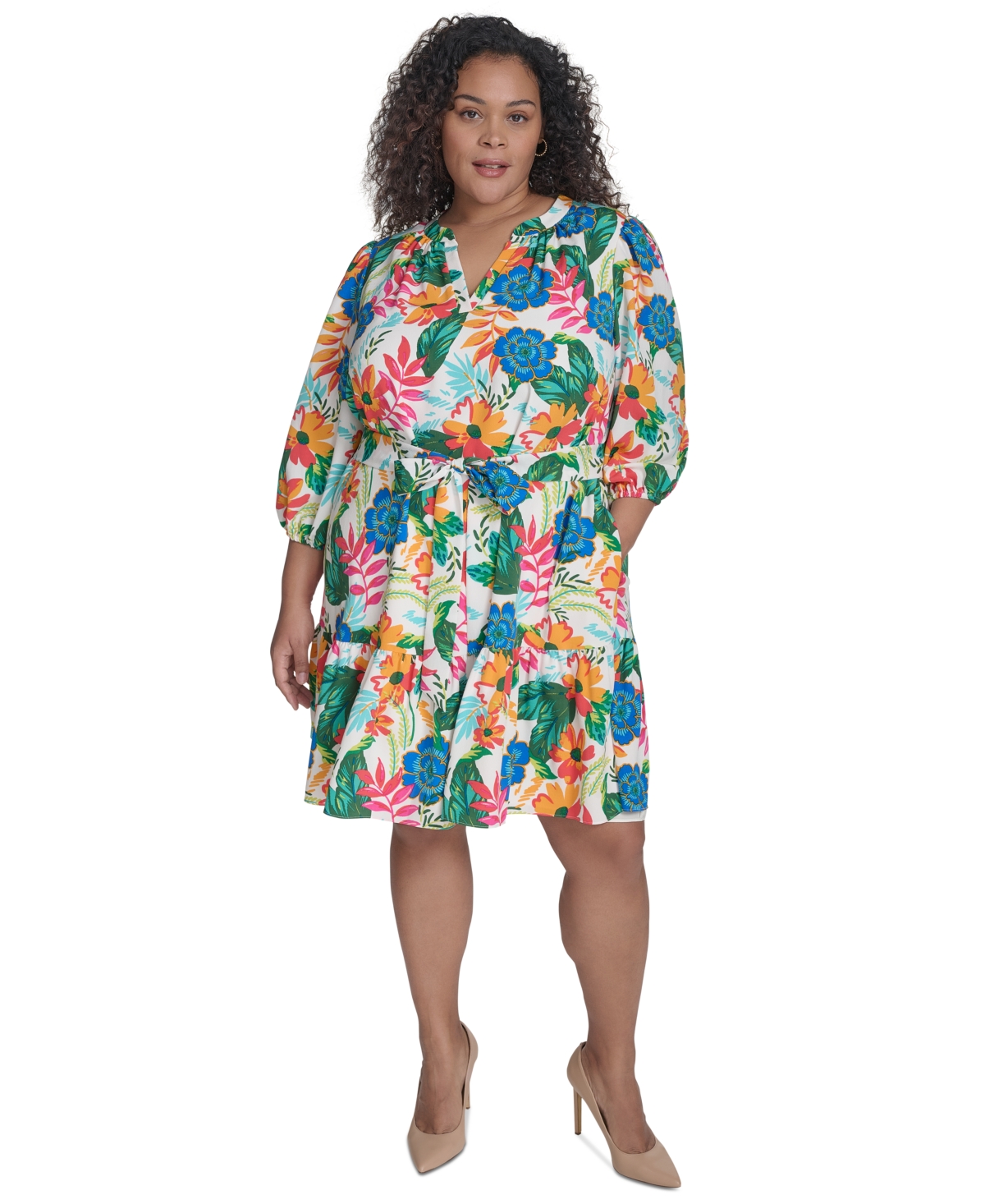 Plus Size Floral-Print Belted A-Line Dress - Ivory Multi