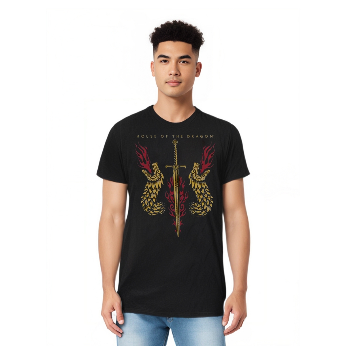 Mens Sword And Dragon Heads Short Sleeve Adult Tall Tee / T-Shirt - Black