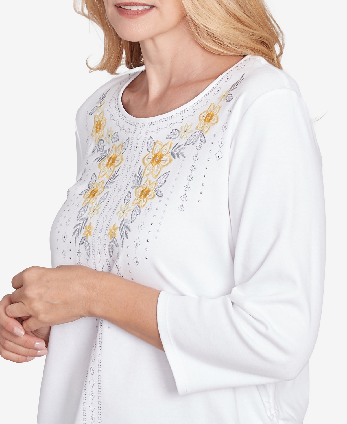 Alfred Dunner Petite Dress Code Linear Knit Floral Embroidered Crew Neck Top In White