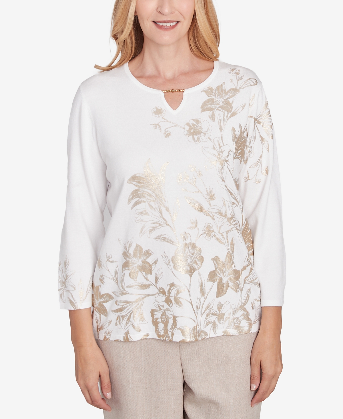 Petite Kensington Gardens Split Neck Botanical Gold Foil Print Sweater - Neutral Multi