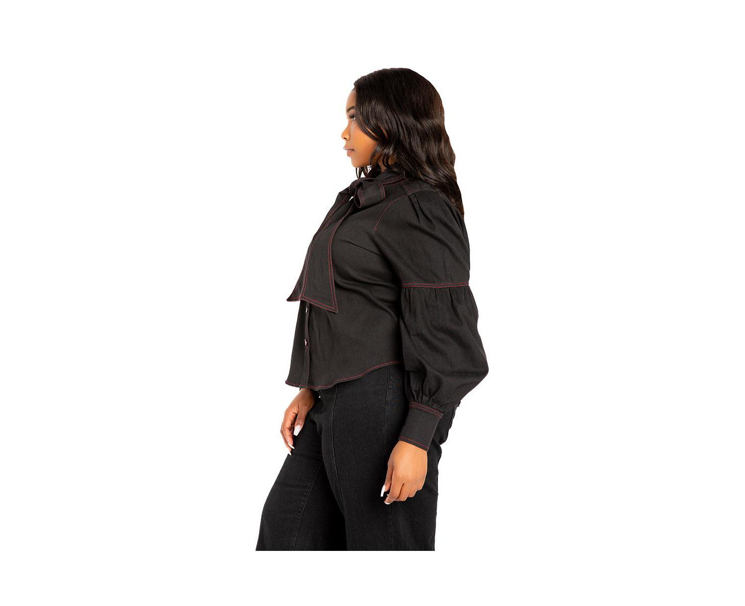 Women's Plus Size Bow Neck Puff Sleeve Denim Blouse