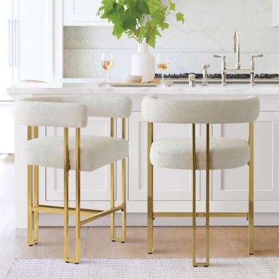 25'' Counter Height Stool with Gold Metal Legs, Chenille Upholstery, Curved Back and Armrest, 1 Unit-Maison Boucle