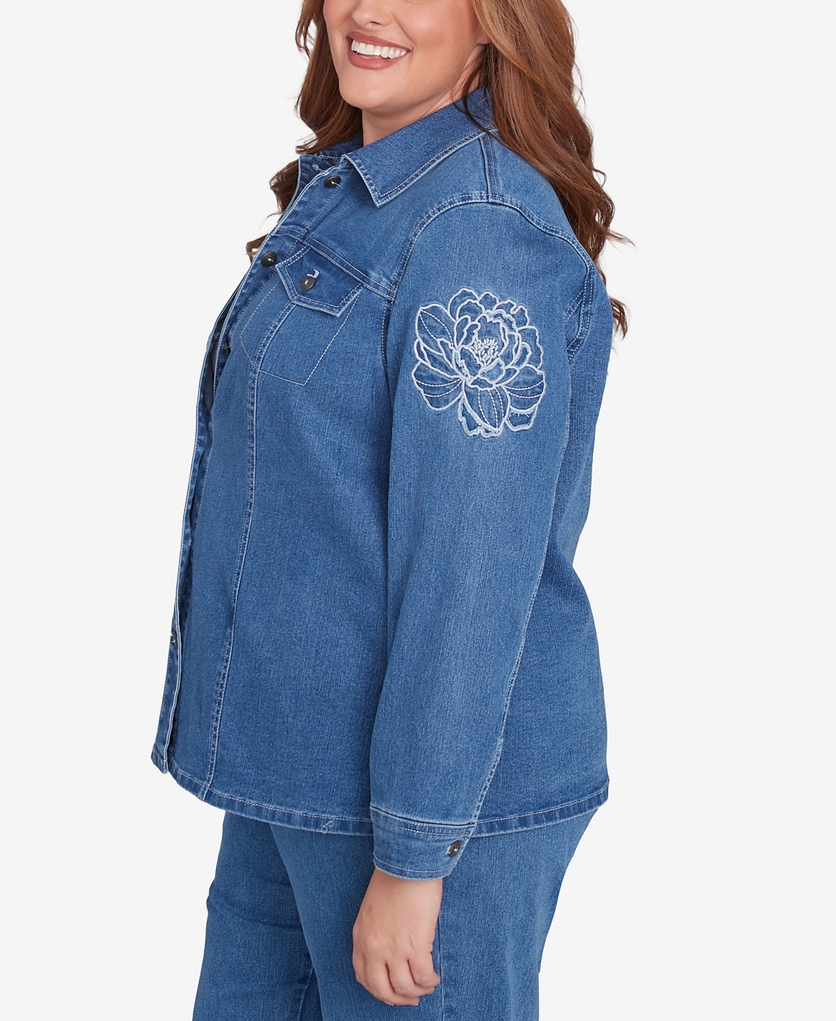 Alfred Dunner Plus Size Free Spirit Super Stretch Floral Denim Jacket In Medium Denim