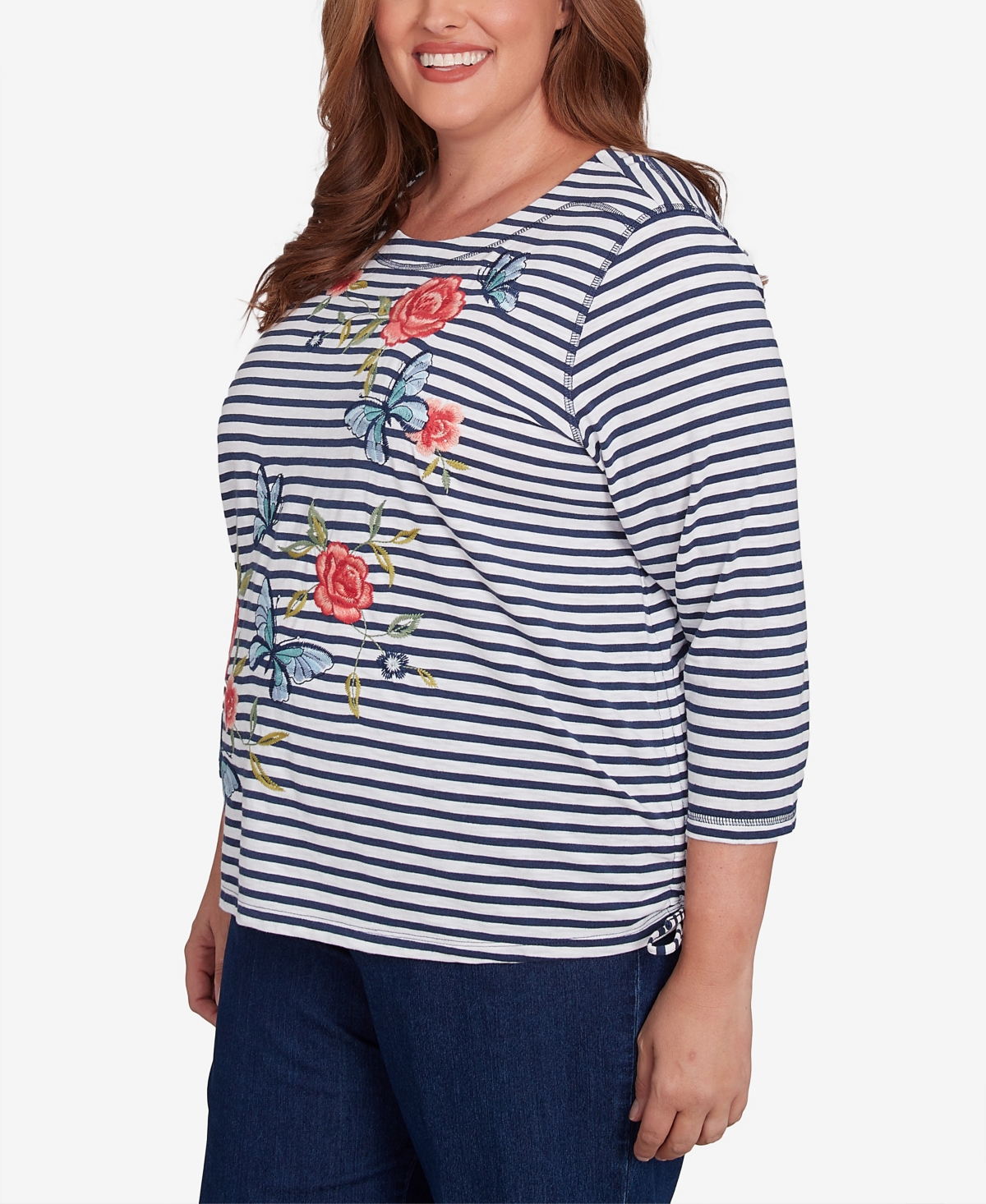 Alfred Dunner Plus Size Free Spirit Striped Butterfly Embroidered Top In Navy Multi