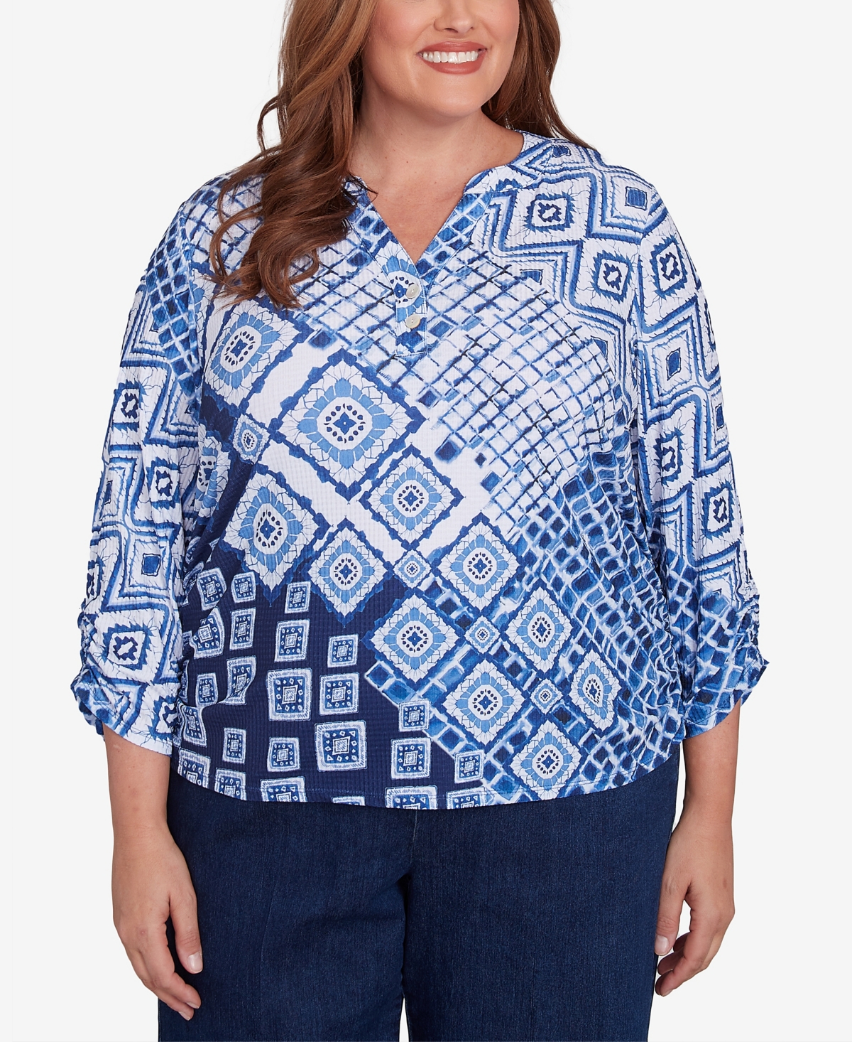 Alfred Dunner Plus Size Free Spirit Ikat Patched Geometric Top In Navy Multi