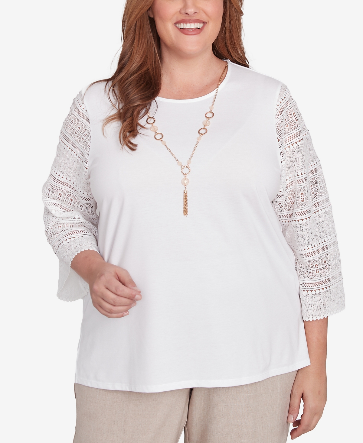 Alfred Dunner Plus Size Kensington Gardens Solid Lace Sleeve Knit Top With Necklace In Ivory