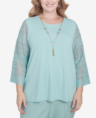 売れ筋商品|||アルフレッドダナー カットソー トップス レディース Plus Size Kensington Gardens Solid Lace Sleeve Knit Top with Necklace Ivory Alfred Dunner Women's Kensington Gardens Solid Lace Sleeve