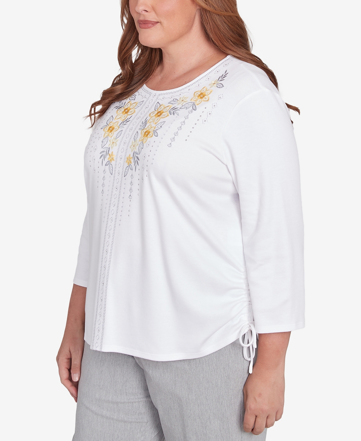 Alfred Dunner Plus Size Dress Code Linear Knit Floral Embroidered Crew Neck Top In White