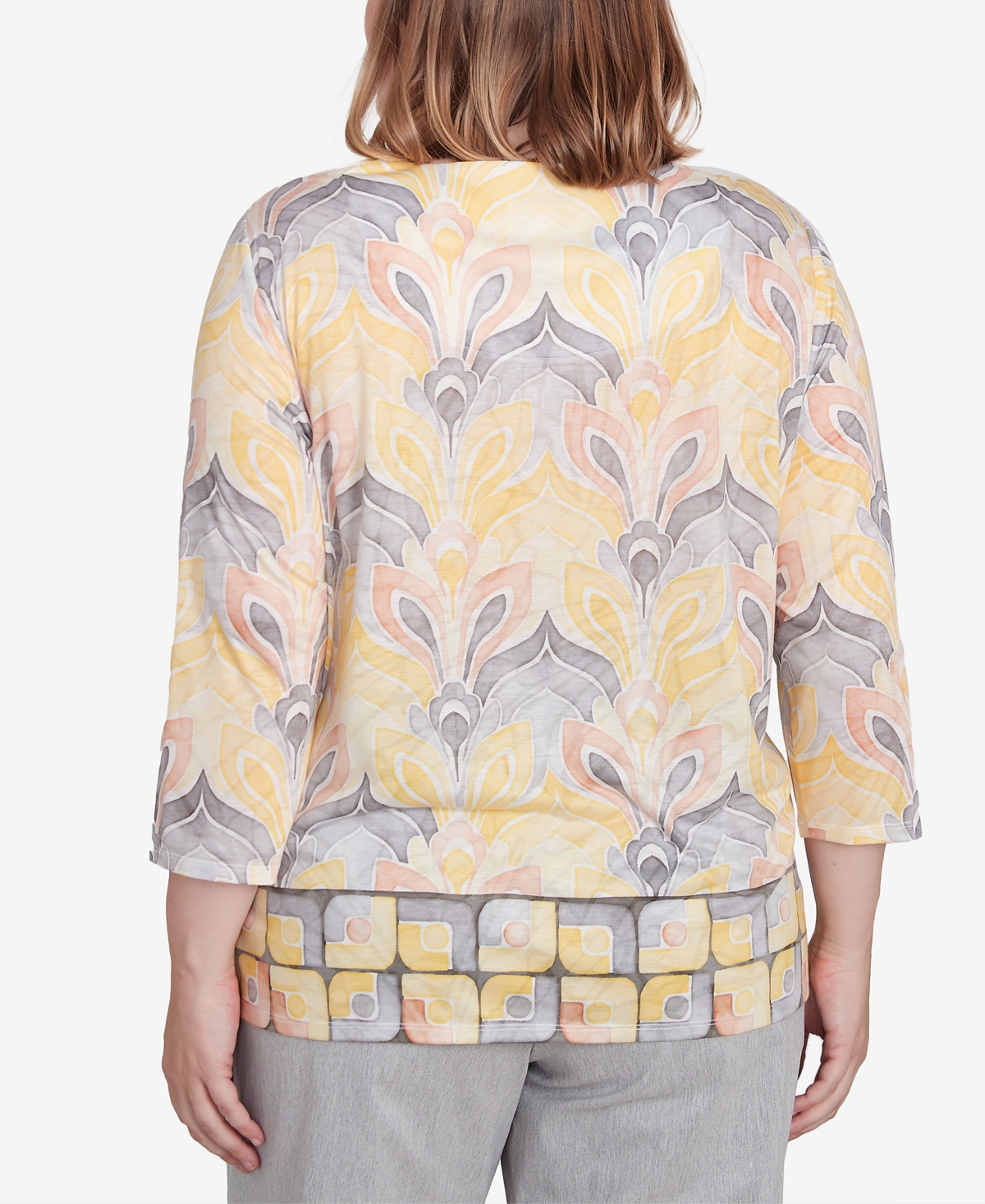 Alfred Dunner Plus Size Dress Code Geometric Medallion Crewneck Top In Multi Yellow