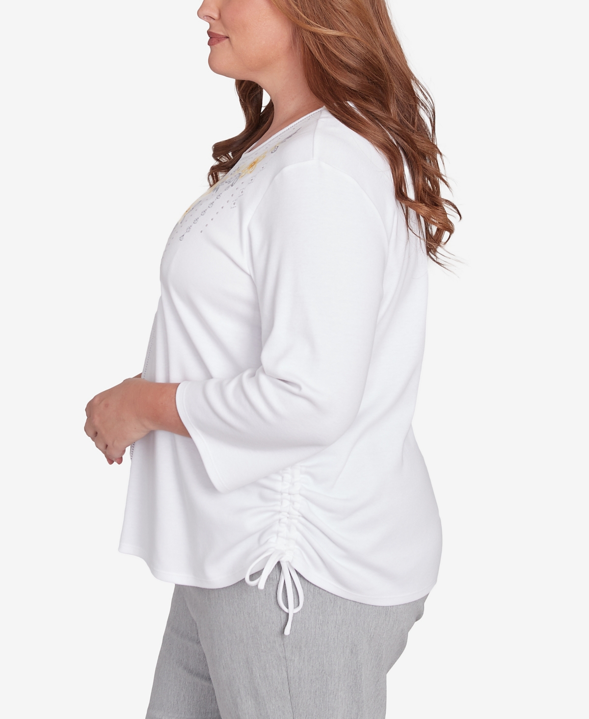 Alfred Dunner Plus Size Dress Code Linear Knit Floral Embroidered Crew Neck Top In White