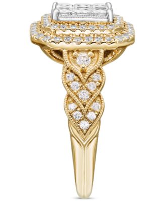 Diamond Emerald Shaped Double Halo Cluster Ring (1 ct. t.w.) in 14k Two-Tone Gold