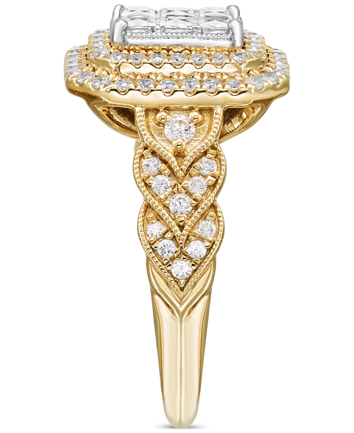 Macy's Diamond Emerald Shaped Double Halo Cluster Ring (1 Ct. T.w.) In 14k Two-tone Gold In Two Tone Gold