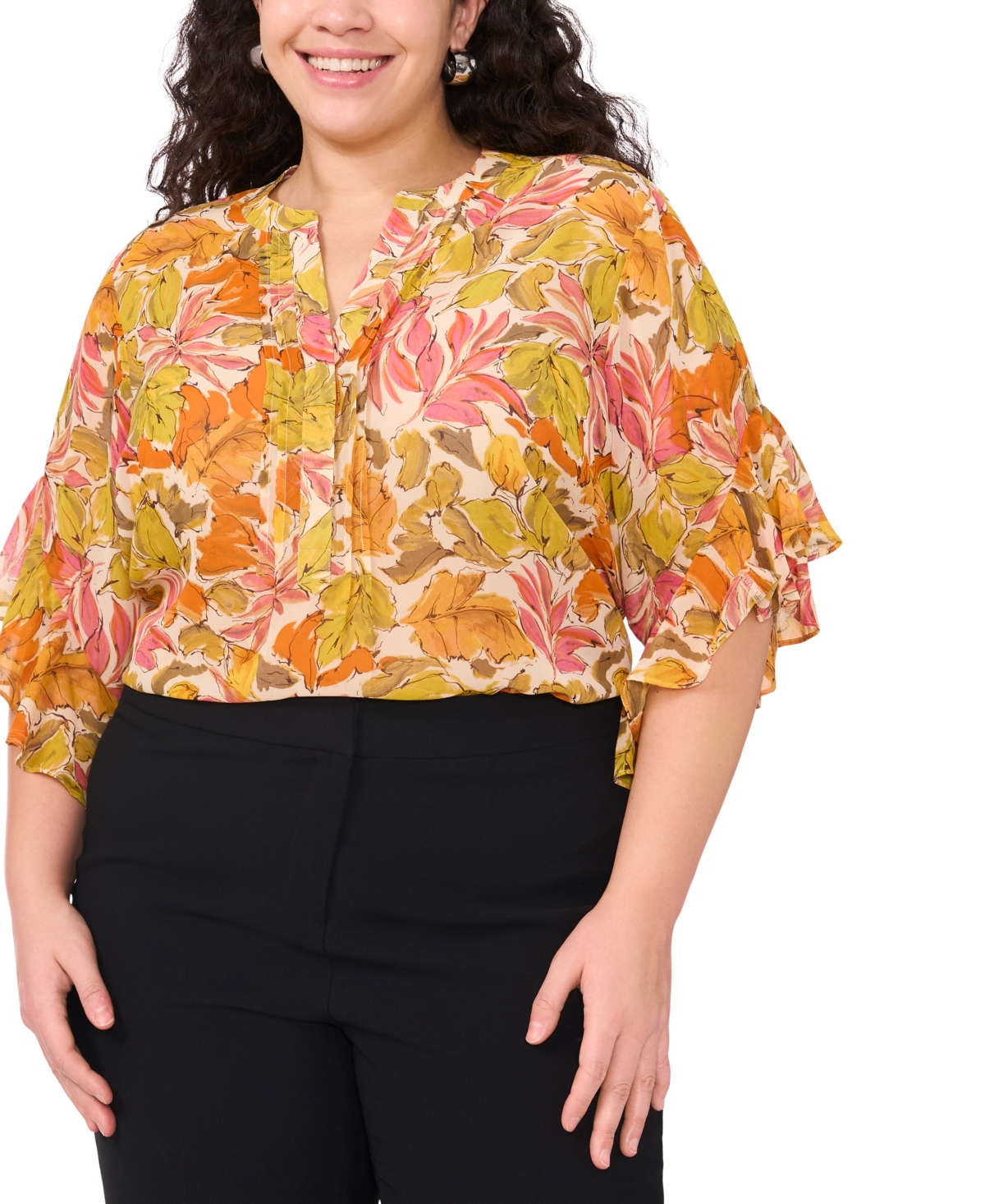 VINCE CAMUTO PLUS SIZE FLORAL-PRINT RUFFLED-SLEEVE SPLIT-NECK BLOUSE 