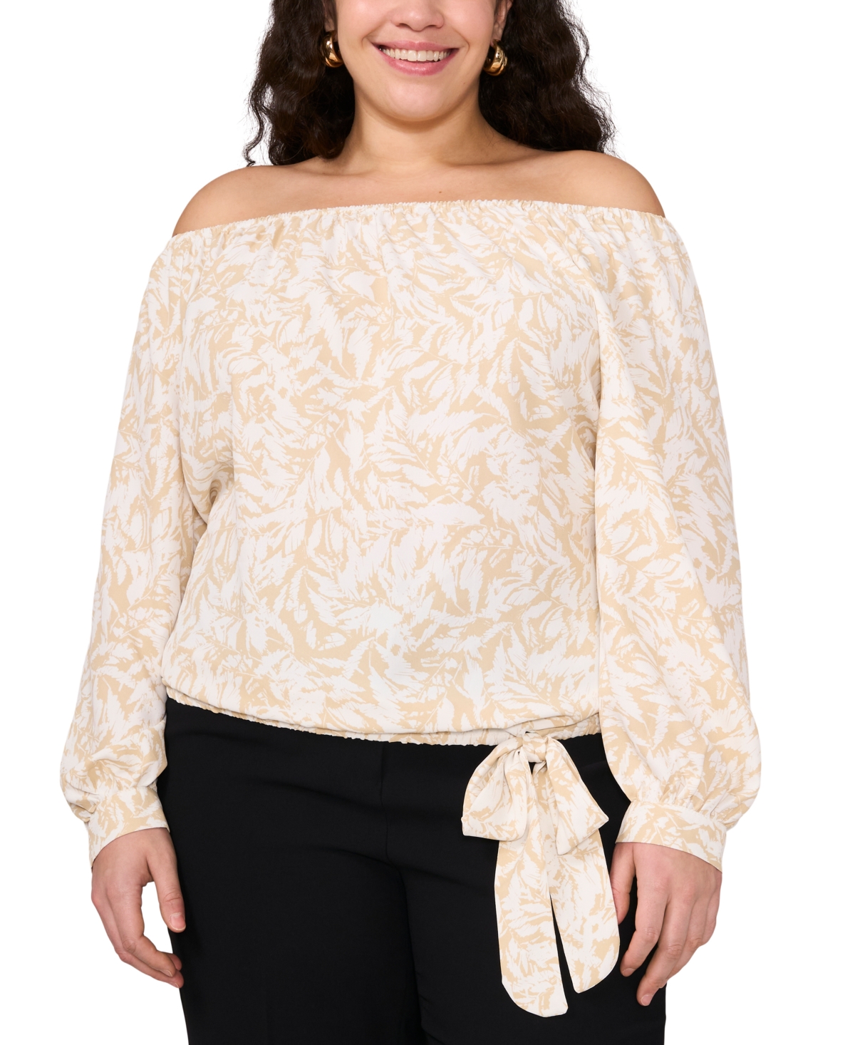 VINCE CAMUTO PLUS SIZE PRINTED OFF-THE-SHOULDER LONG-SLEEVE TIE-FRONT BLOUSE 