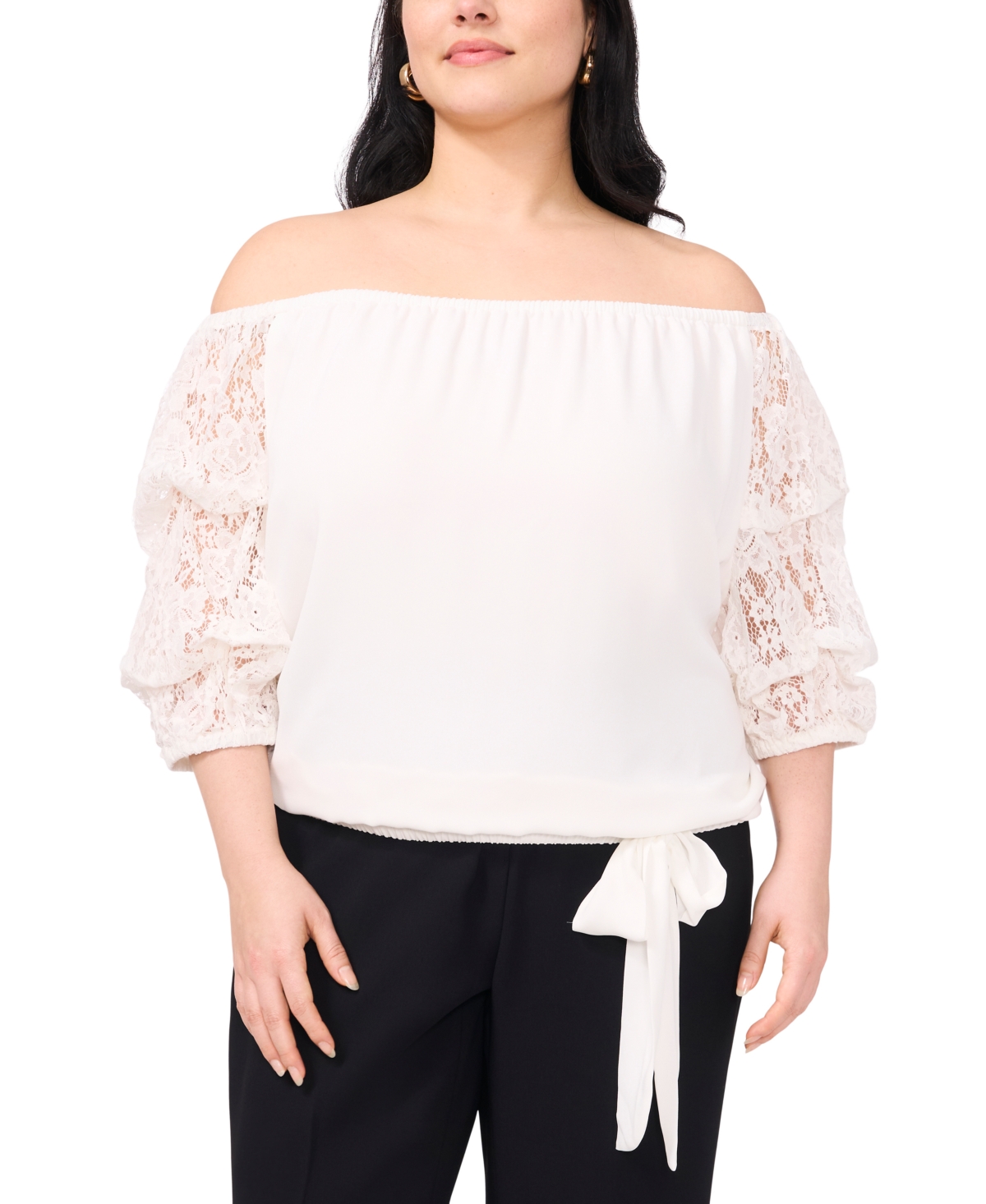 VINCE CAMUTO PLUS SIZE OFF-THE-SHOULDER LACE BUBBLE 3/4-SLEEVE TIE-FRONT BLOUSE 