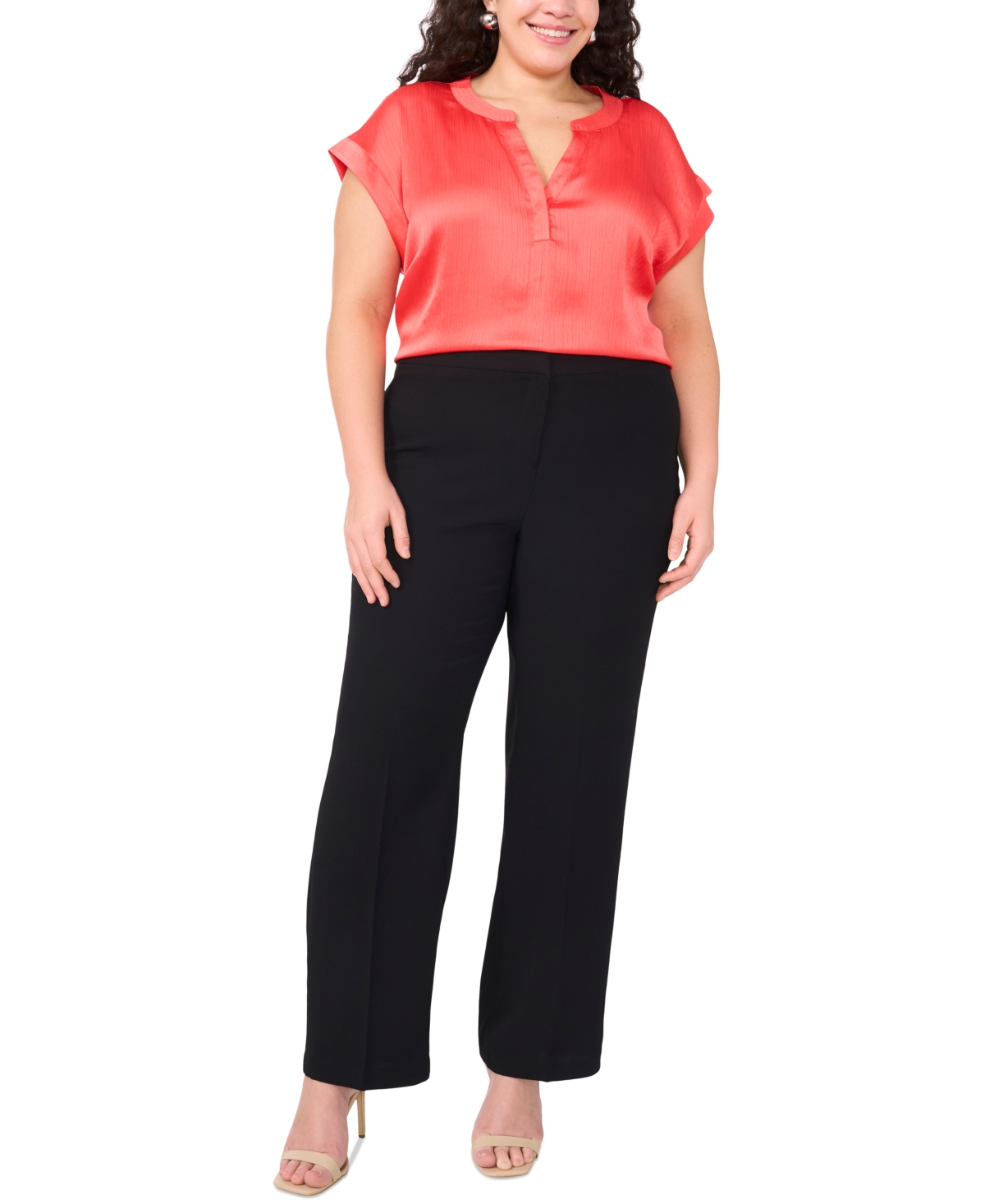 Vince Camuto Plus Size Solid Split-neck Short-sleeve Blouse In Coral