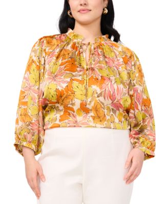 Vince Camuto - Plus Size Floral-Print Ruffled Tie-Neck Blouse