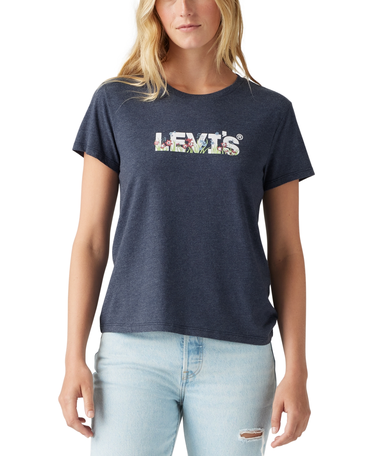 Levi's Women's Perfect Graphic Logo Cotton T-shirt - Flower Field Hl Logo Navy Blazer