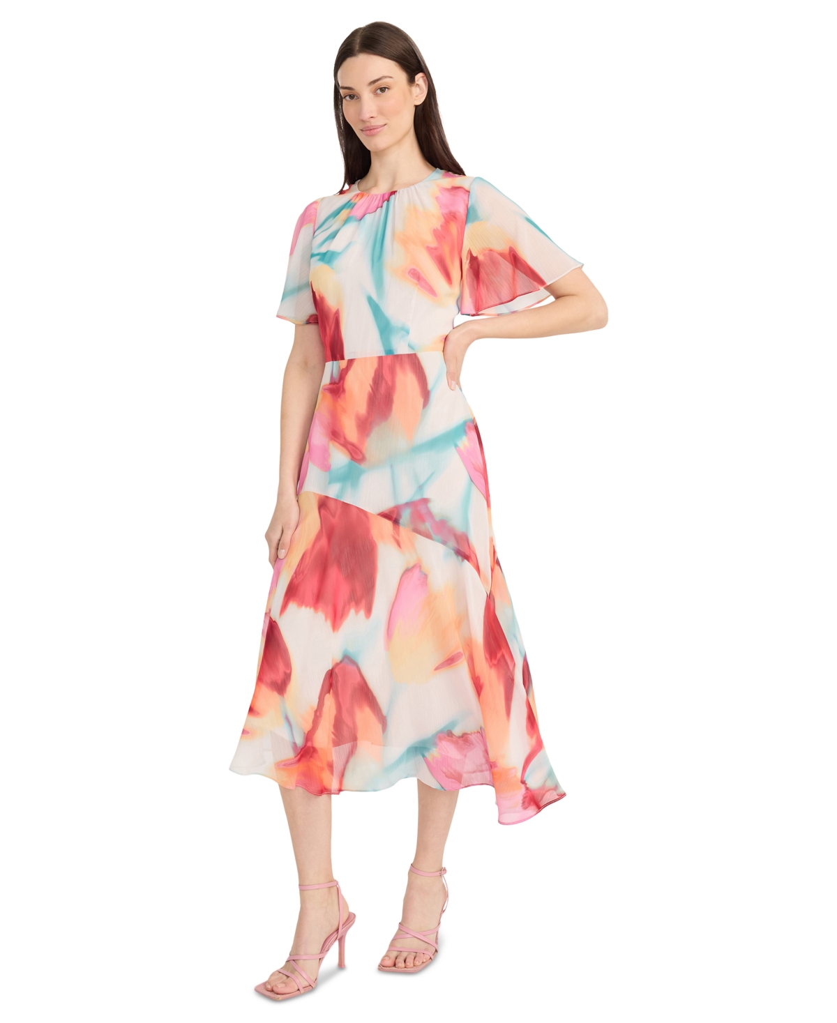 Women's Printed Asymmetric Hem Midi Dress - Cream/Coral