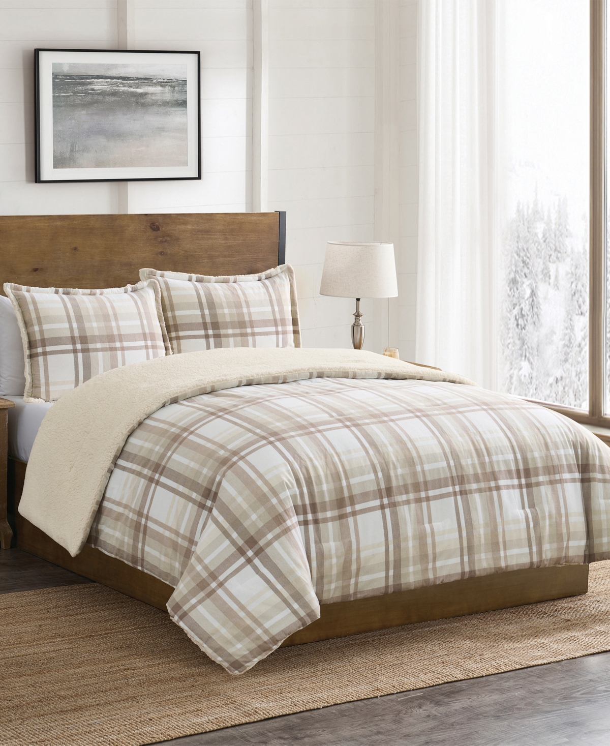 Vcny Home Plaid Brushed Flannel And Sherpa 3-pc. Comforter Set, King In Beige