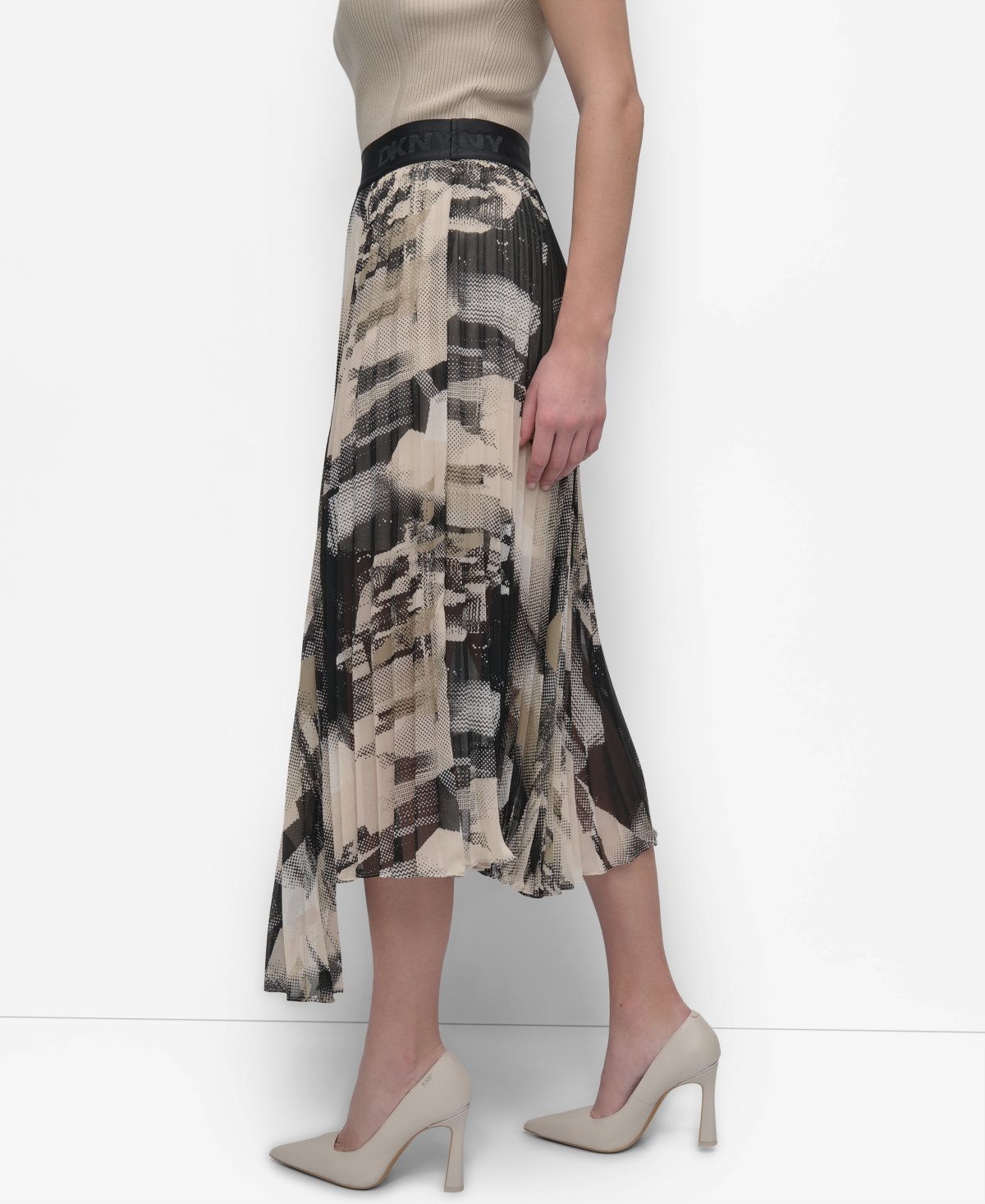Dkny Print Pleated Asymmetric Midi Skirt In Skyln Colge Blk
