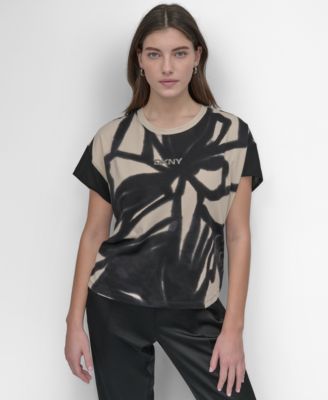 DKNY - Women's Printed Crewneck Chiffon-Short-Sleeve Top