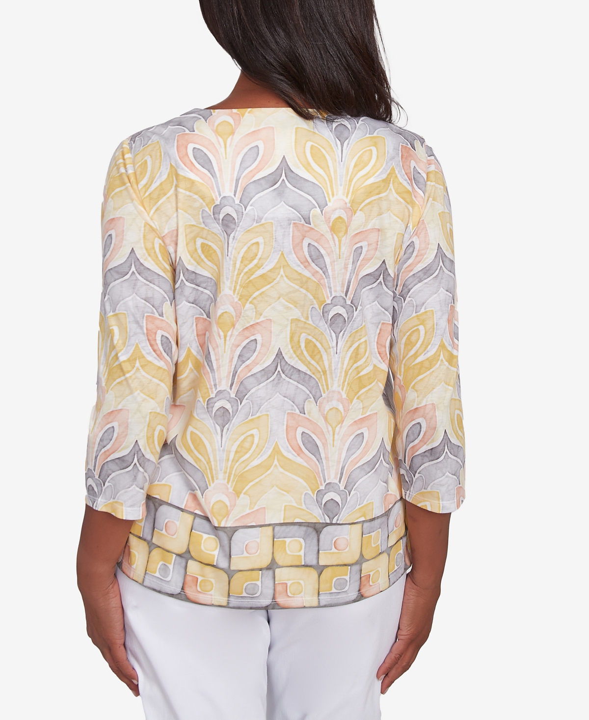 Alfred Dunner Petite Dress Code Geometric Medallion Crewneck Top In Multi Yellow