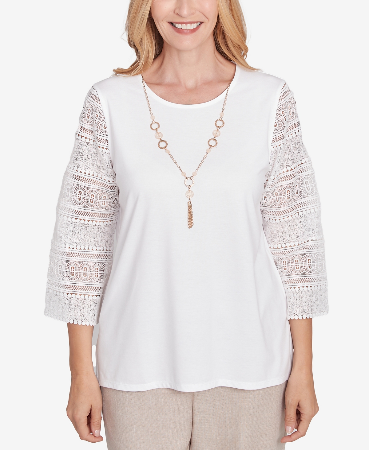 Alfred Dunner Petite Kensington Gardens Solid Lace Sleeve Knit Top With Necklace In Ivory