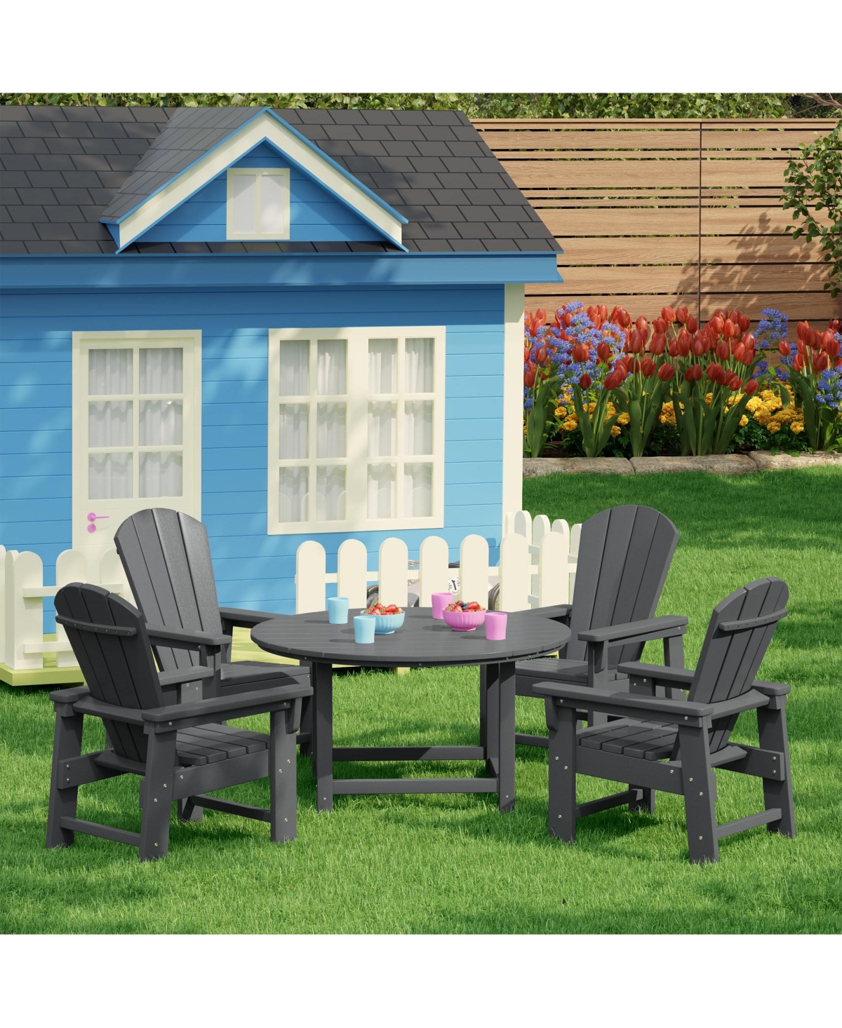 Kids 5-Piece Hdpe Outdoor Patio Round Dining Table and Chairs Set