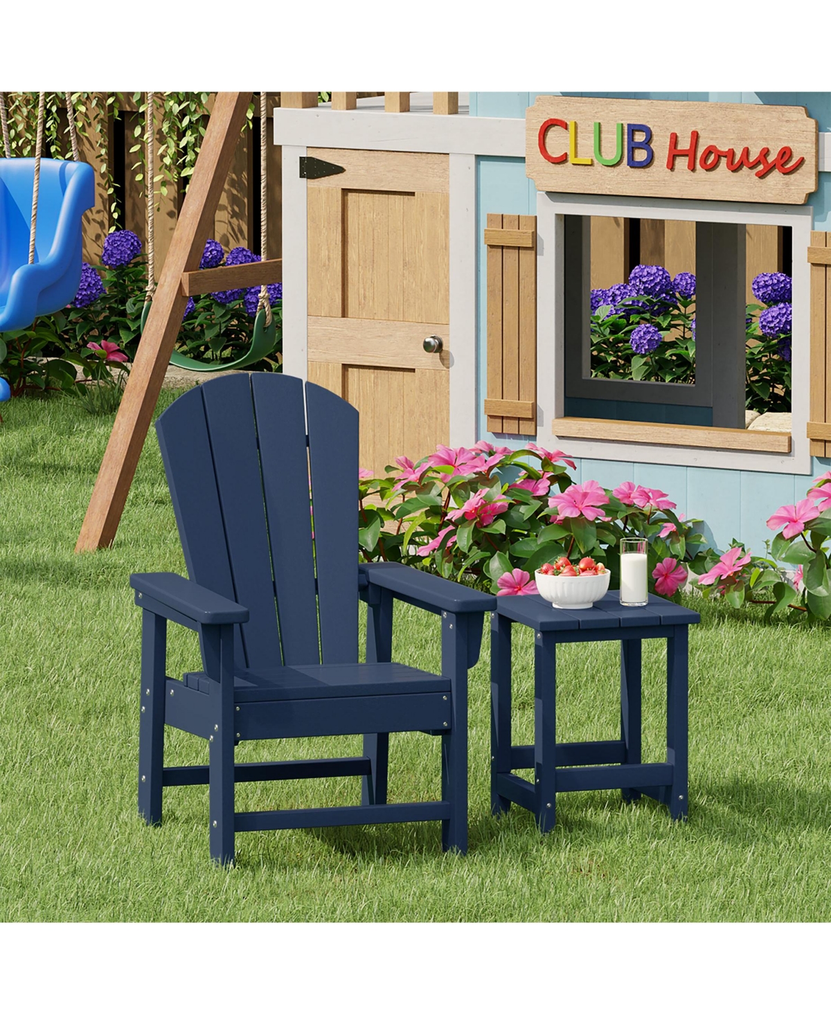 2-Piece Kids Outdoor Hdpe Adirondack Chair With Square Side Table Set